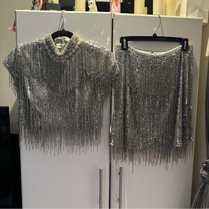 Vintage 2000s Sherri Hill Silver Sequin Beaded Fringe Matching Set Top & Skirt M